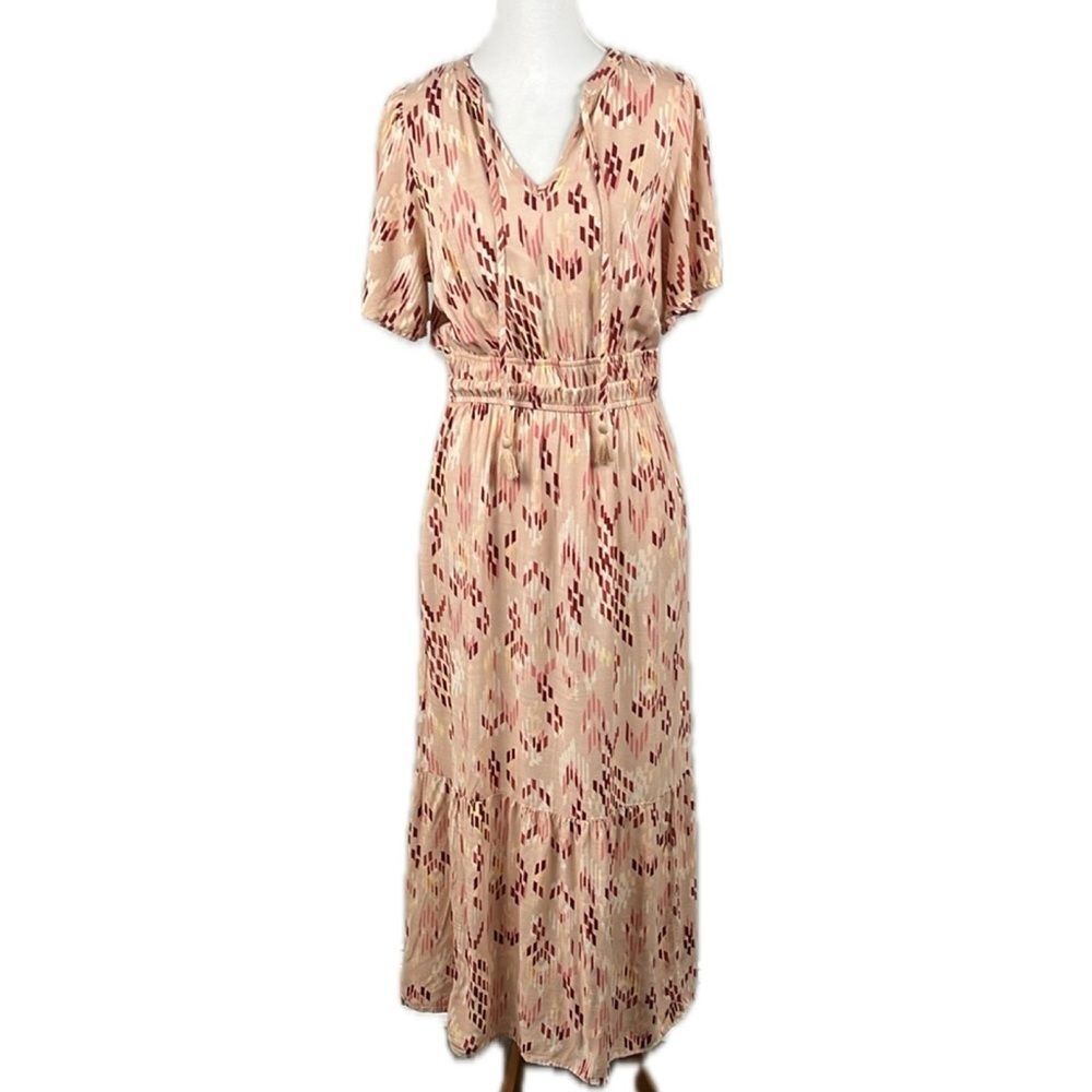 Knox Rose Peach Aztec Maxi Dress S Boho Southwest Flutter Sleeve Cinched Waist